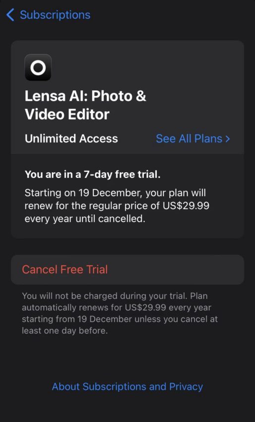 สามารถทดลองใช้งาน Lensa ได้ 7 วัน