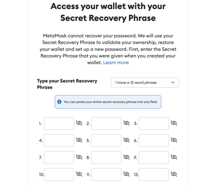 Seed Phrase ที่ใช้เพื่อเชื่อมต่อ Metamask กับ Reddit Vault