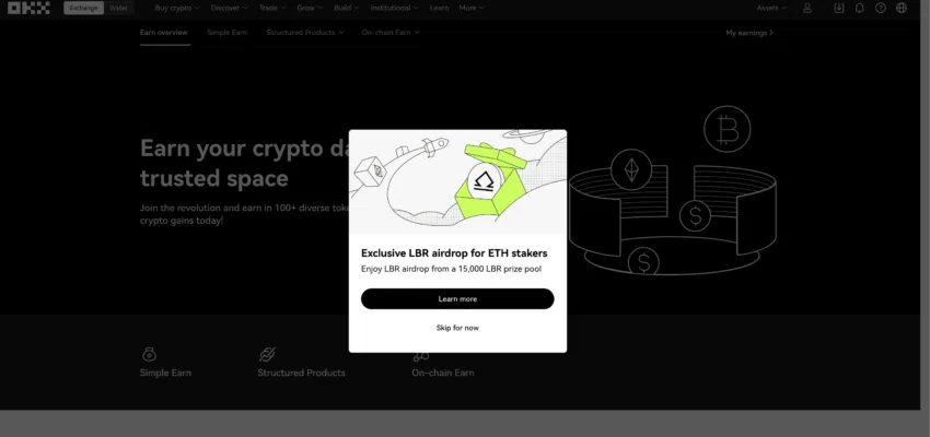 ตัวอย่างหน้าอินเตอร์เฟสของผลิตภัณฑ์ DeFi ที่มีชื่อว่า OKX Earn