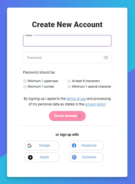 ไปที่เว็บไซต์ Coinrule และคลิกที่ “Sign Up” คุณสามารถเลือกกรอกอีเมลและรหัสผ่านของคุณเองได้