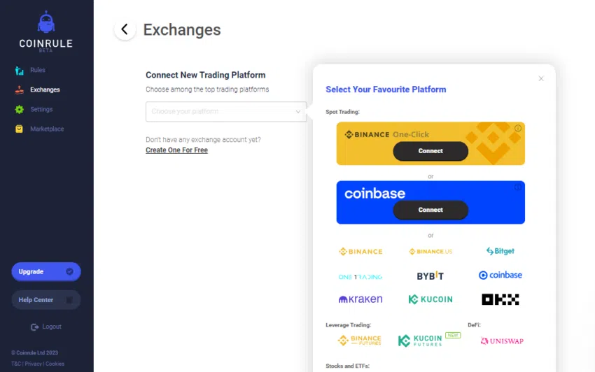กระดานเทรดชั้นนำต่างๆ ที่ Coinrule รองรับ