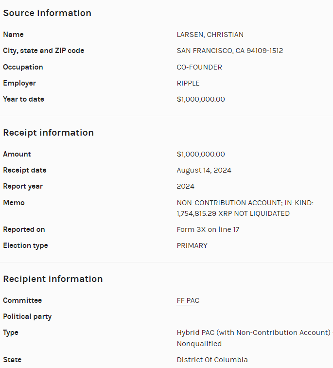 การบริจาค XRP มูลค่า 1 ล้าน USD ของ Larsen.
