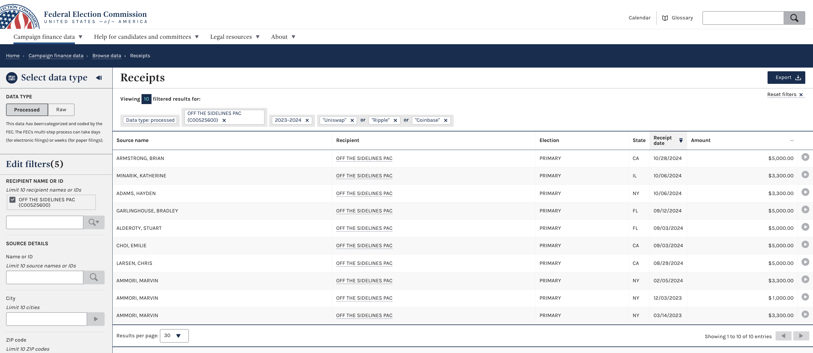 Individual contributors from Coinbase, Ripple, and Uniswap who donated to Off the Sidelines. Source: FEC.