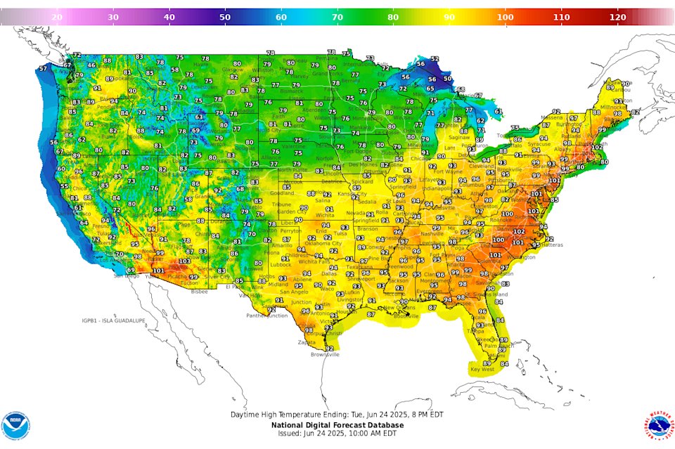 Daytime High Temperature in the United States. Source: National Digital Forecast Database (NDFD)