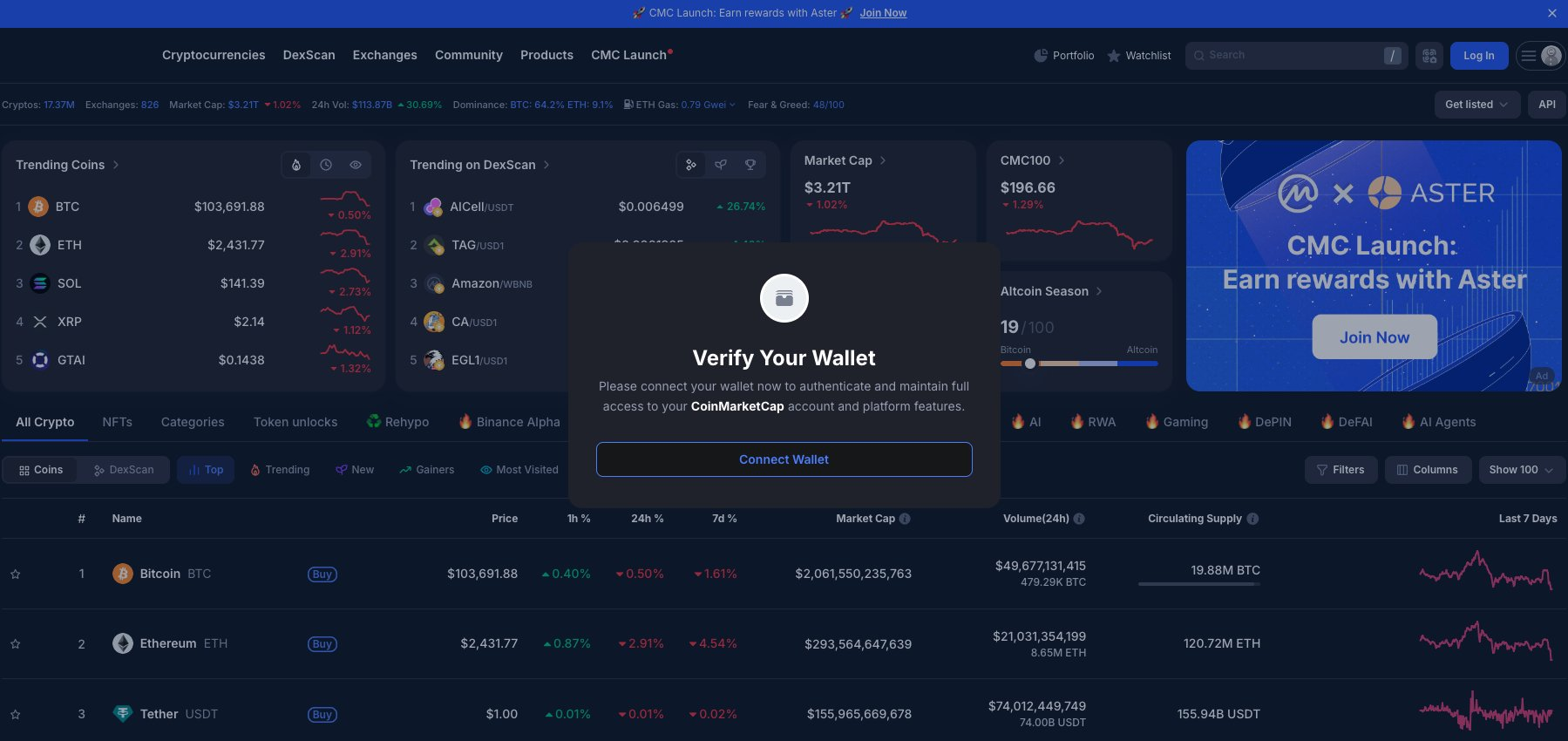 ข้อความป๊อปอัปที่เป็นอันตรายบนหน้าแรกของ CoinMarketCap