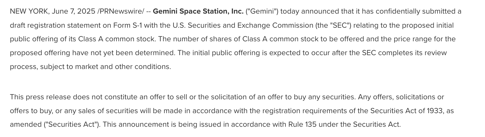 Gemini's IPO Statement.
