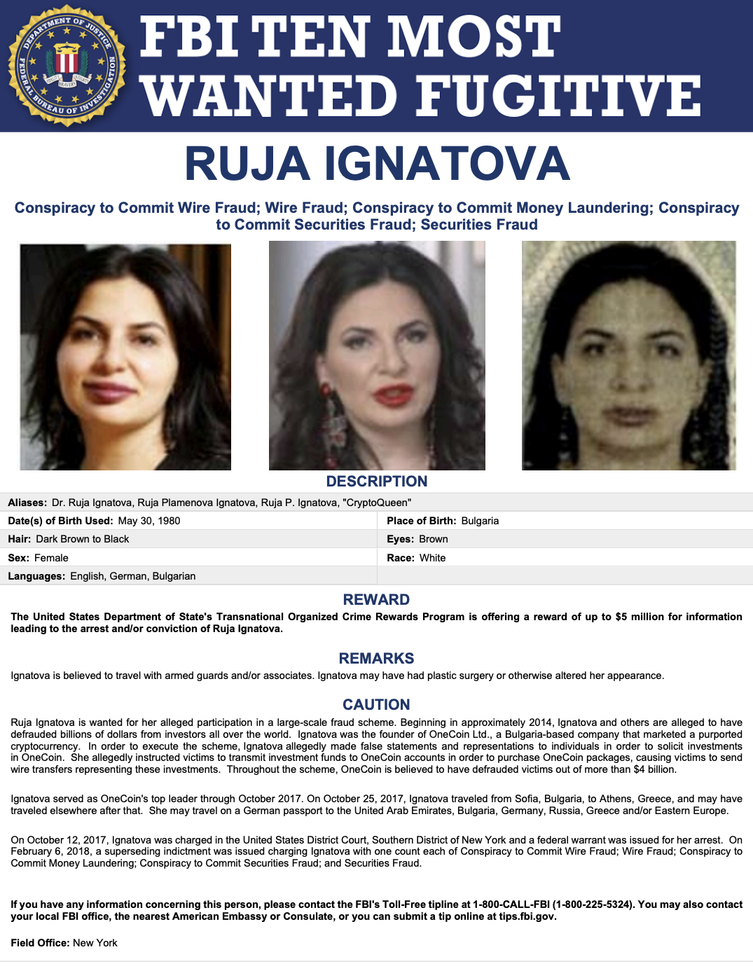 Ruja Plamenova Ignatova on the FBI Most Wanted List